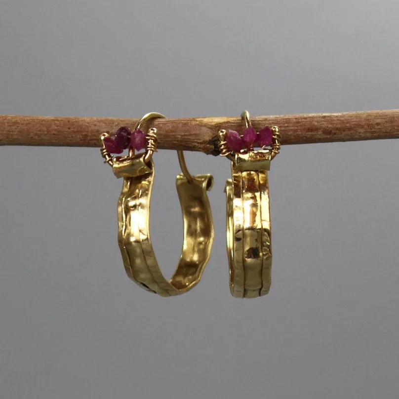 14K Gold Ruby Hoop Earrings