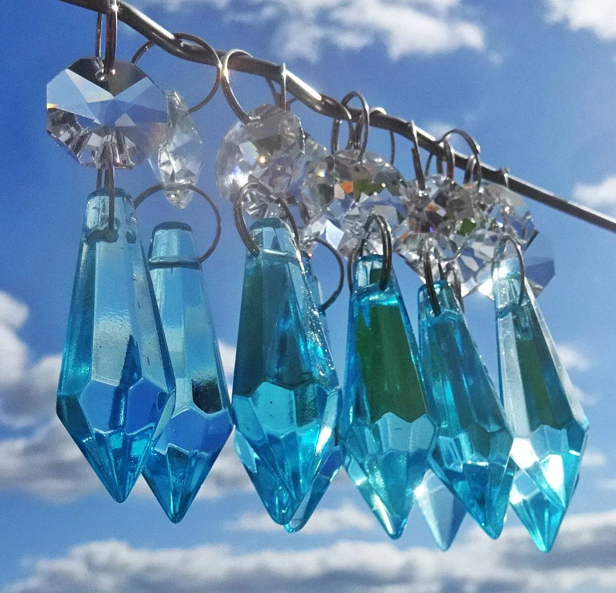 25 Teal Chandelier Drops Beads Prisms Cut Glass Crystals Droplets Light Lamp Parts