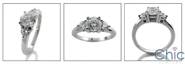 3 Stone CZ Ring 2 Ct Round Center 14K White Gold