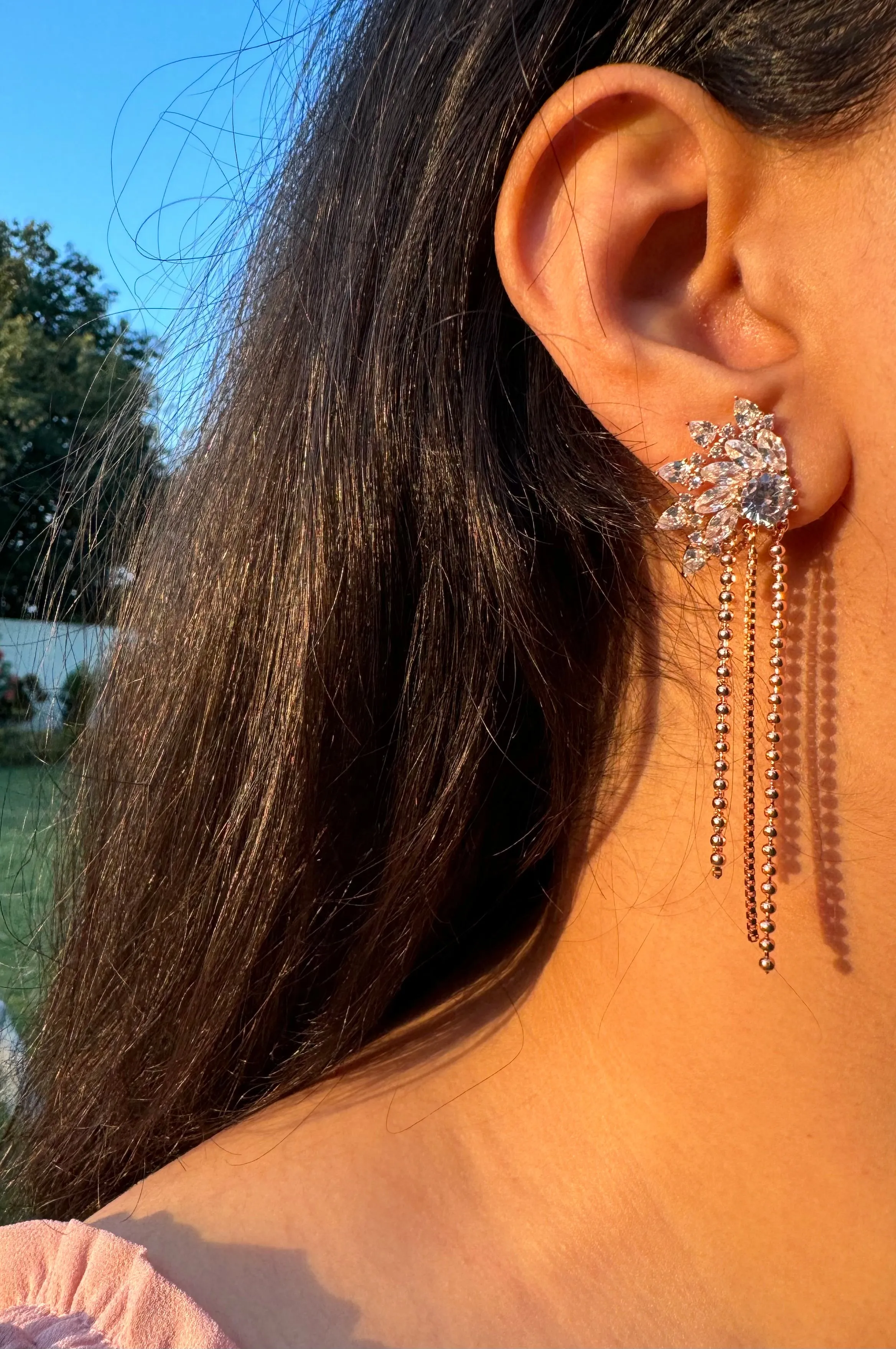 92.5 Silver Ear Spike Chain Tassel Rose gold Rhinestone Dangle Earrings