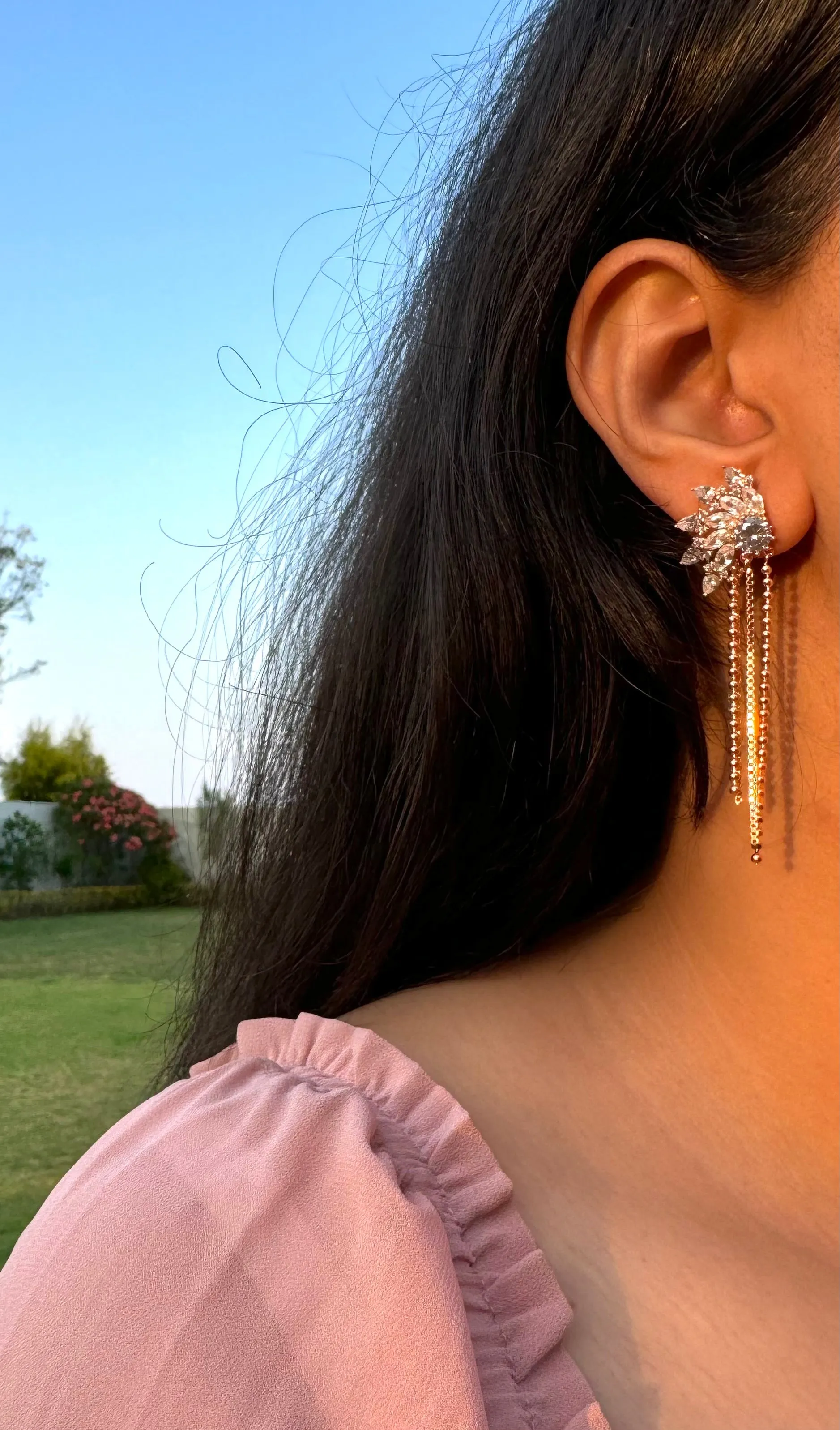 92.5 Silver Ear Spike Chain Tassel Rose gold Rhinestone Dangle Earrings