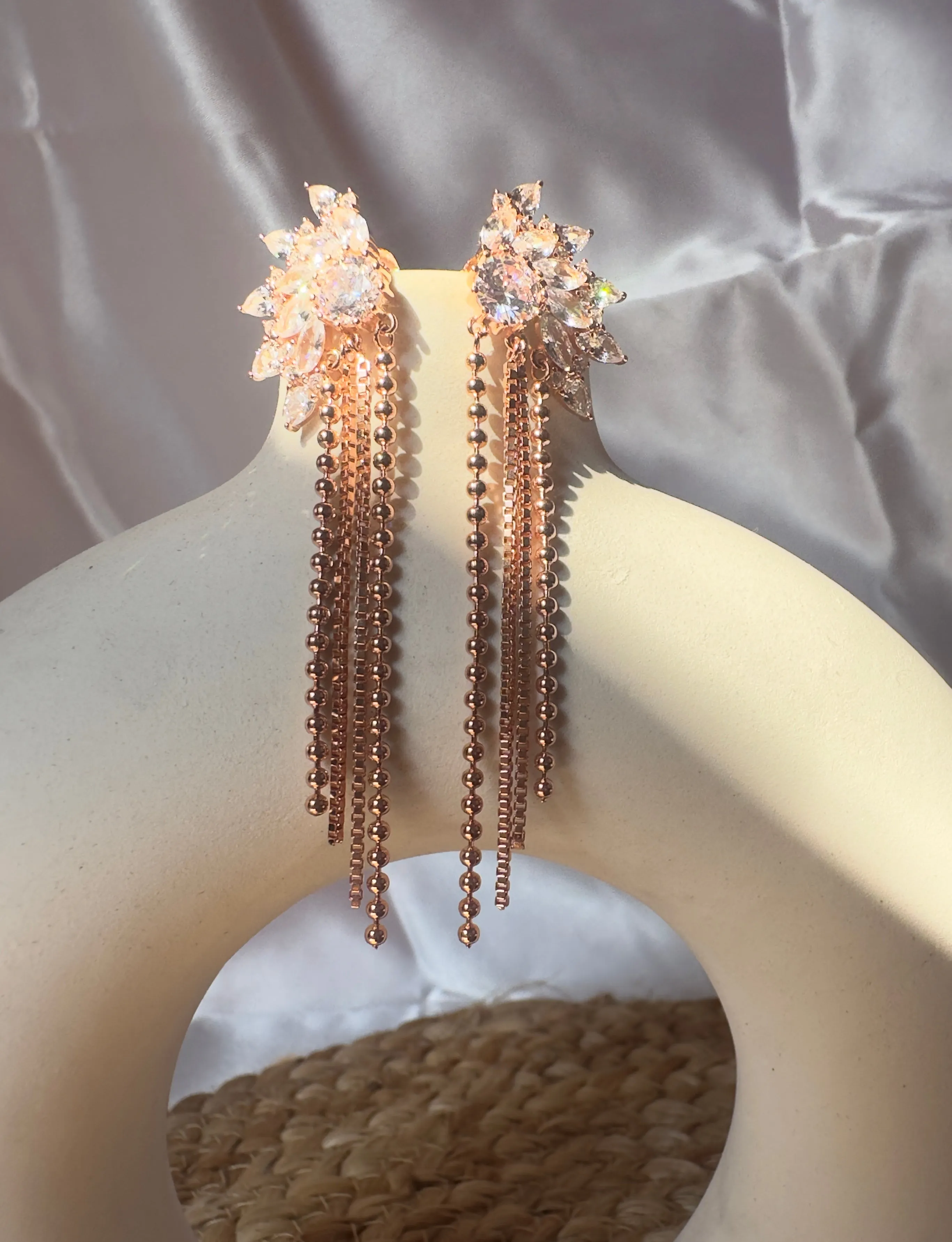 92.5 Silver Ear Spike Chain Tassel Rose gold Rhinestone Dangle Earrings