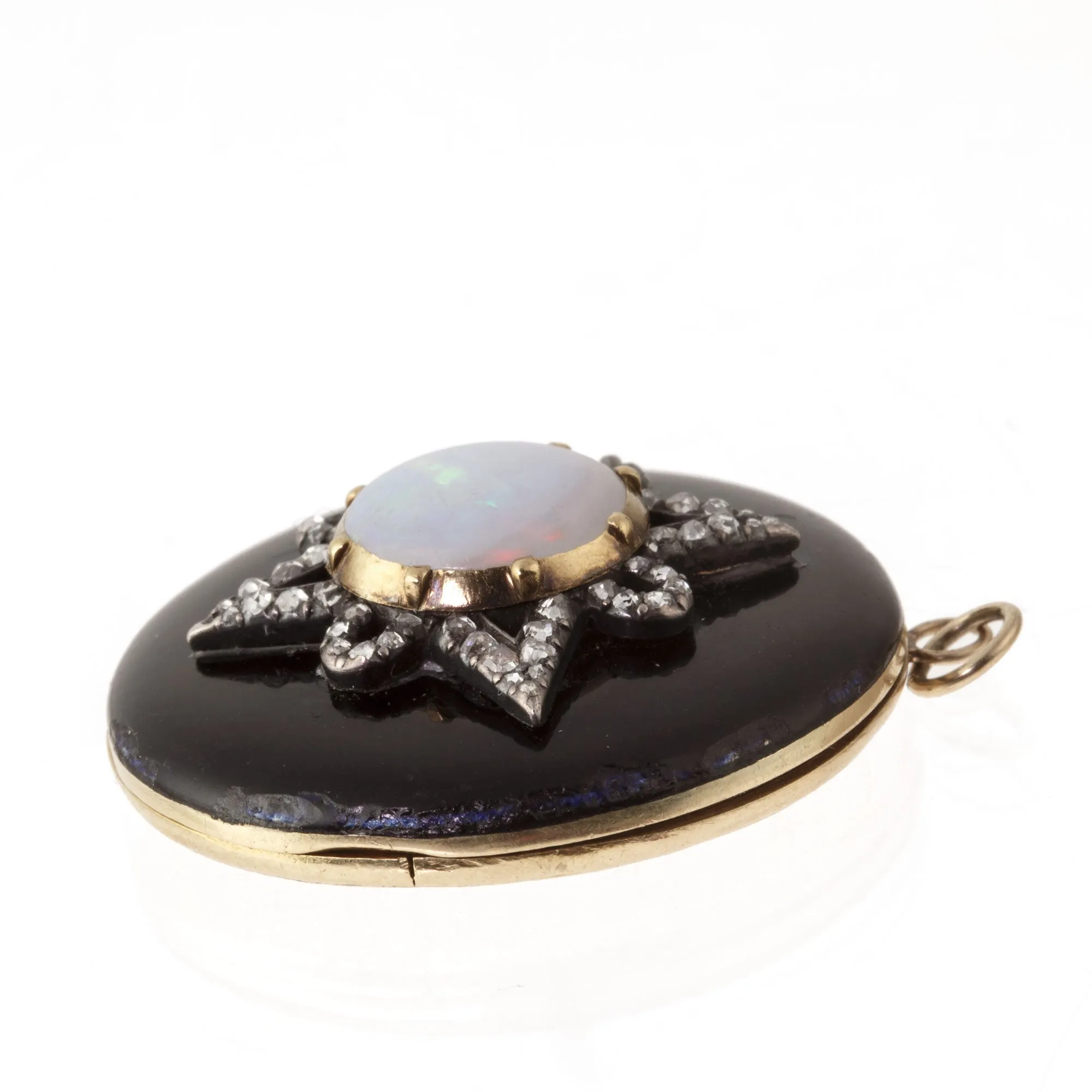 Antique Georgian opal diamond and 18k yellow and white gold mourning locket with watercolor portrait circa 1820-1830. pdvc457