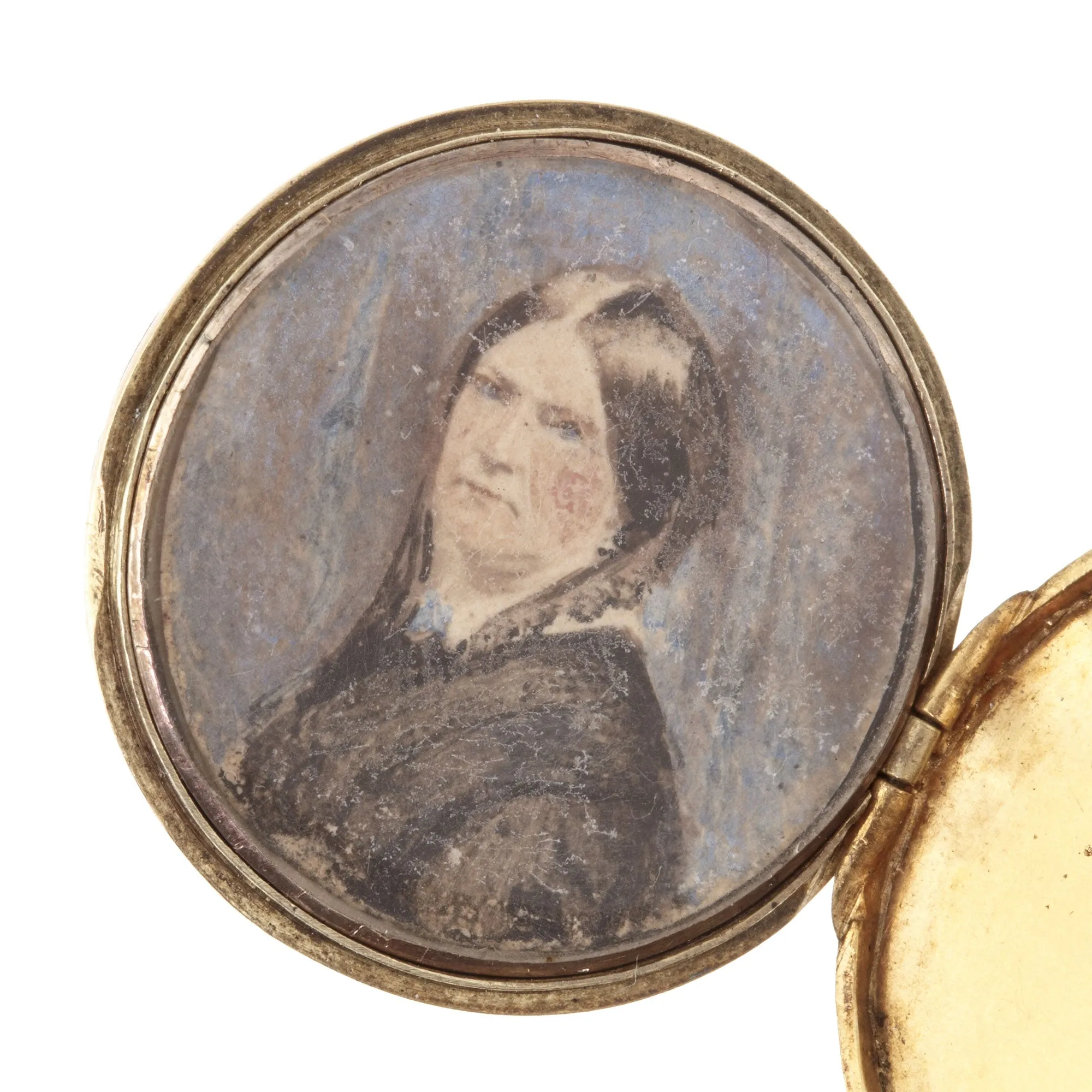 Antique Georgian opal diamond and 18k yellow and white gold mourning locket with watercolor portrait circa 1820-1830. pdvc457