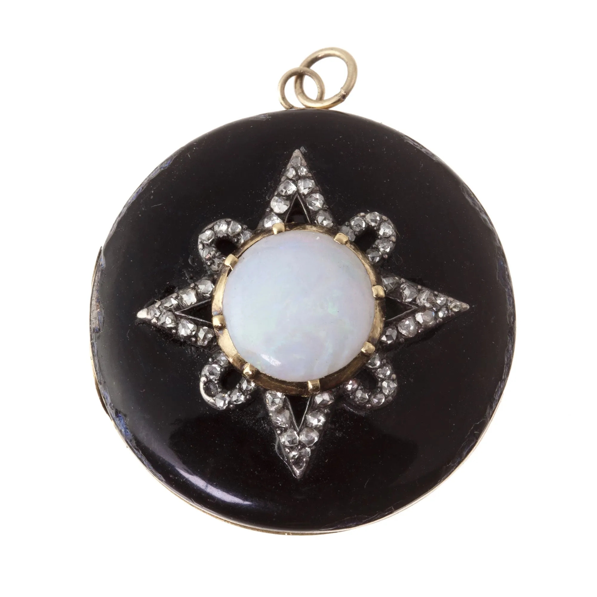 Antique Georgian opal diamond and 18k yellow and white gold mourning locket with watercolor portrait circa 1820-1830. pdvc457