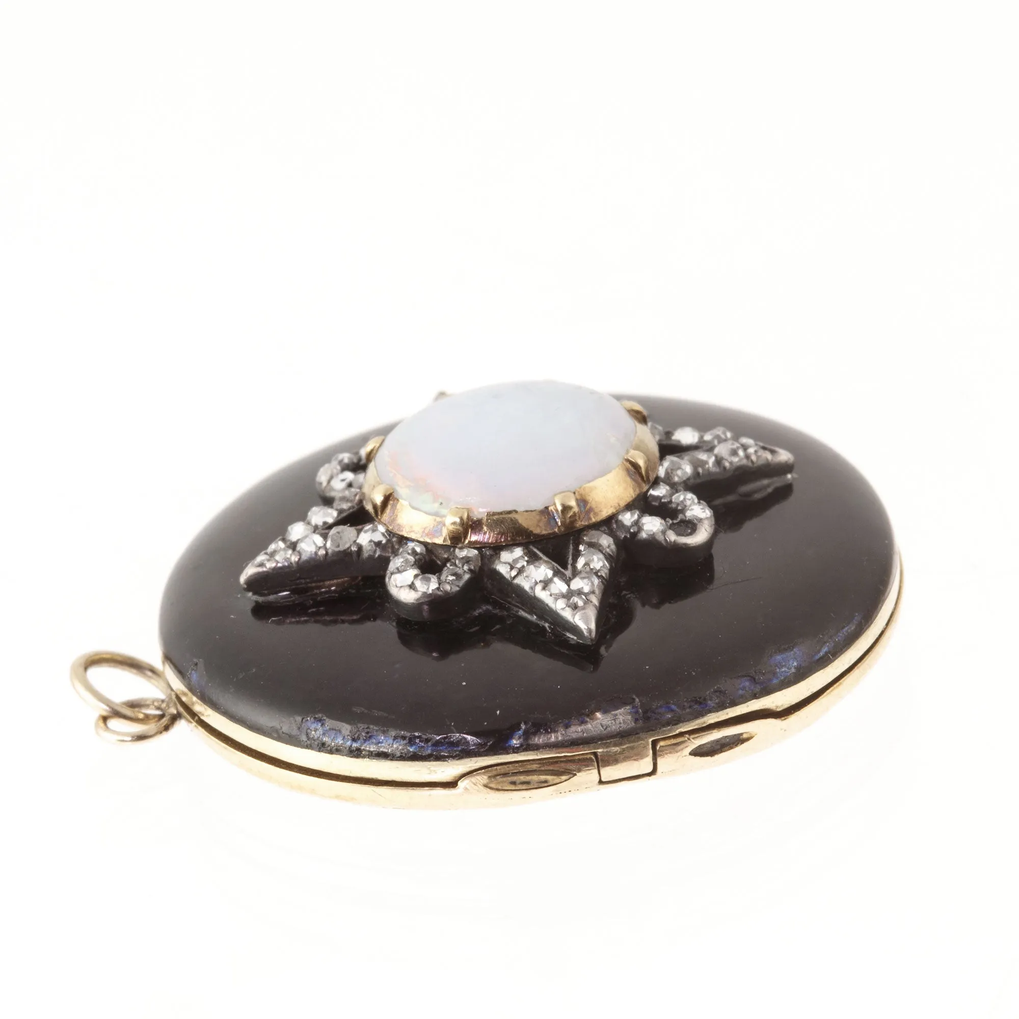 Antique Georgian opal diamond and 18k yellow and white gold mourning locket with watercolor portrait circa 1820-1830. pdvc457
