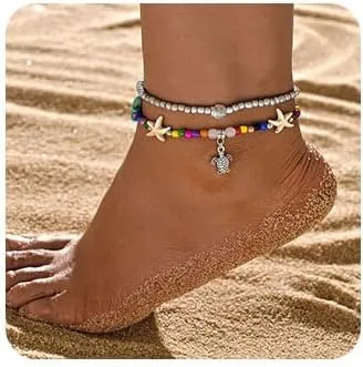 Boho Starfish Anklet Bracelet Layered Turtle Pendant Ankle Beach Handmade Anklet Jewelry for Women