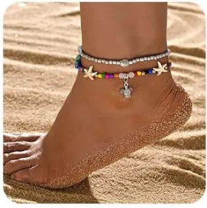 Boho Starfish Anklet Bracelet Layered Turtle Pendant Ankle Beach Handmade Anklet Jewelry for Women