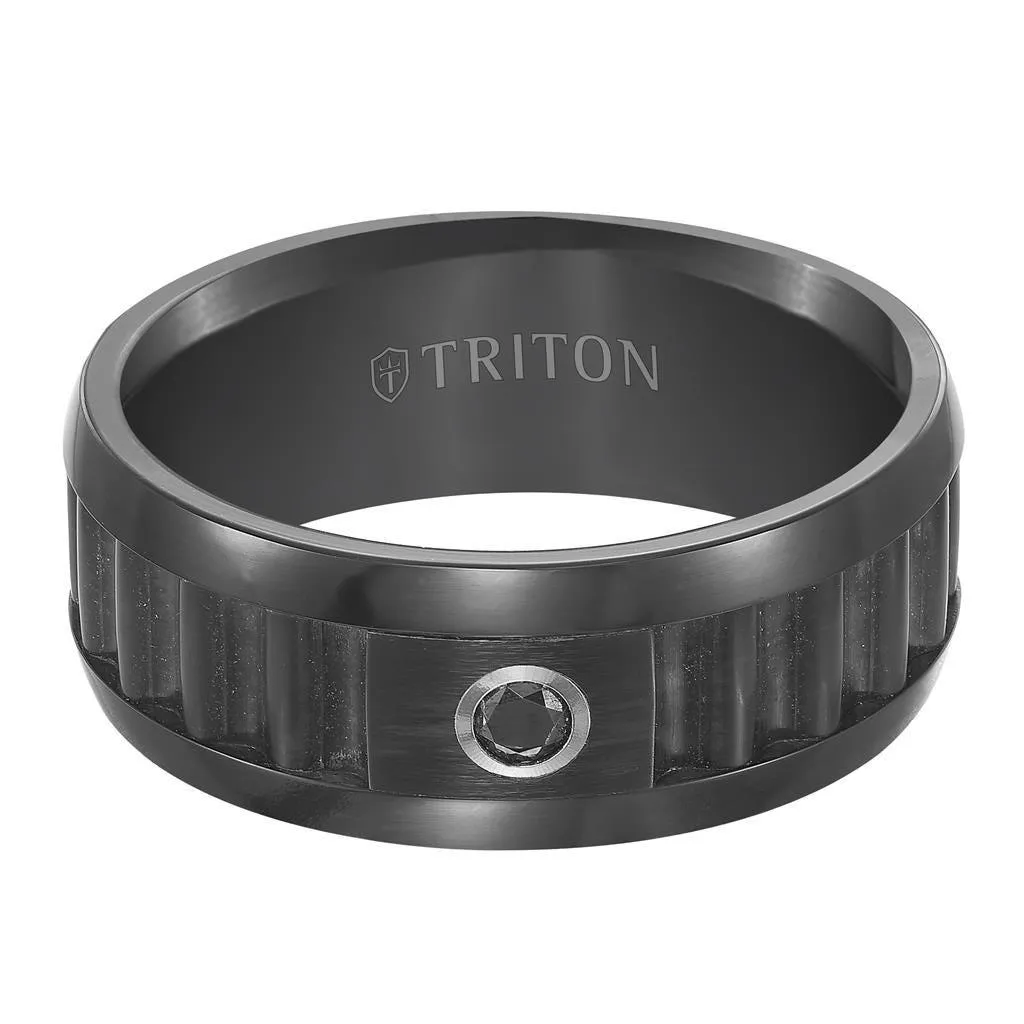 COHEN 9MM Black Tungsten Carbide Center Corrugated Texture with Bright Polished Rims and single Black Diamond Comfort Fit Band
