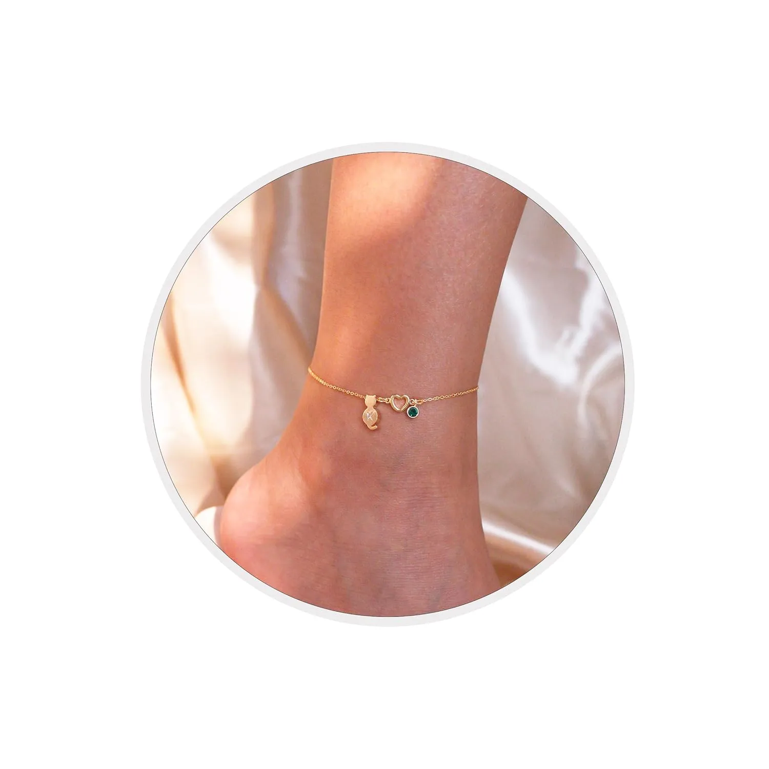 Cute Cat Anklets with Initial Birthstone Heart Cat Design Adjustable Anklet Bracelets Perfect Gift for Cat Lovers