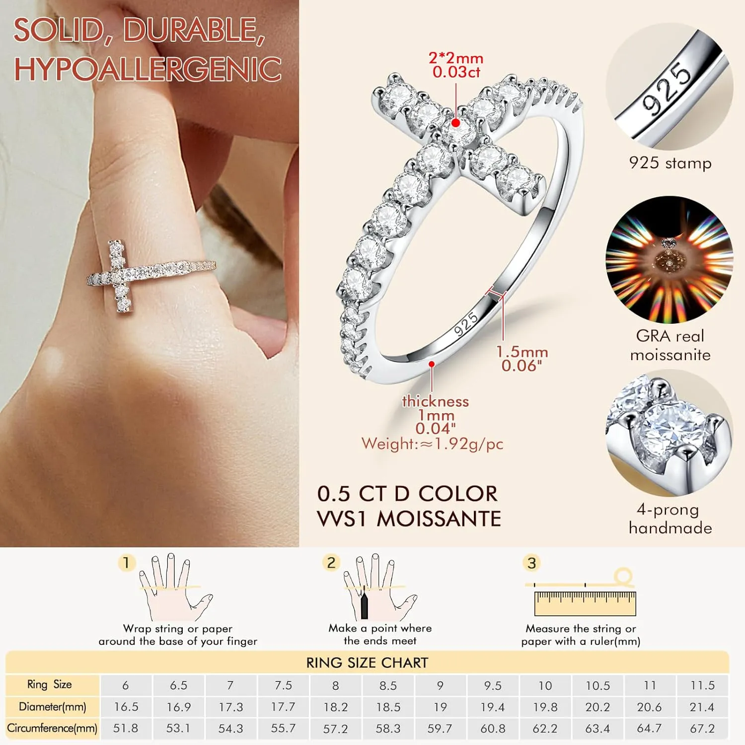 DAYBYDAY Cross Ring for Women 925 Sterling Silver Black Moissanite/Blue Sapphire Sideways Cross Rings Half Eternity Stackable Anniversary Wedding Bands Christian Religious Jewelry