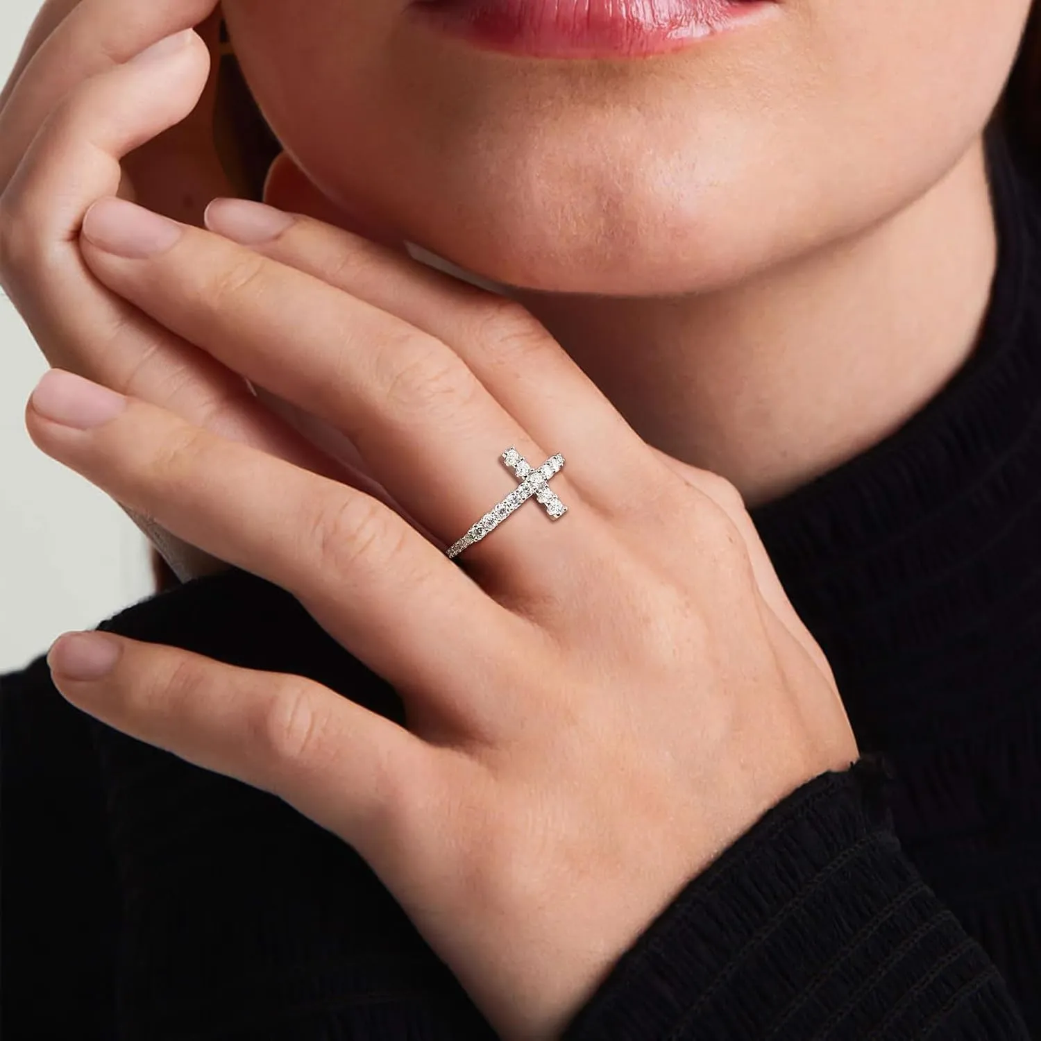 DAYBYDAY Cross Ring for Women 925 Sterling Silver Black Moissanite/Blue Sapphire Sideways Cross Rings Half Eternity Stackable Anniversary Wedding Bands Christian Religious Jewelry