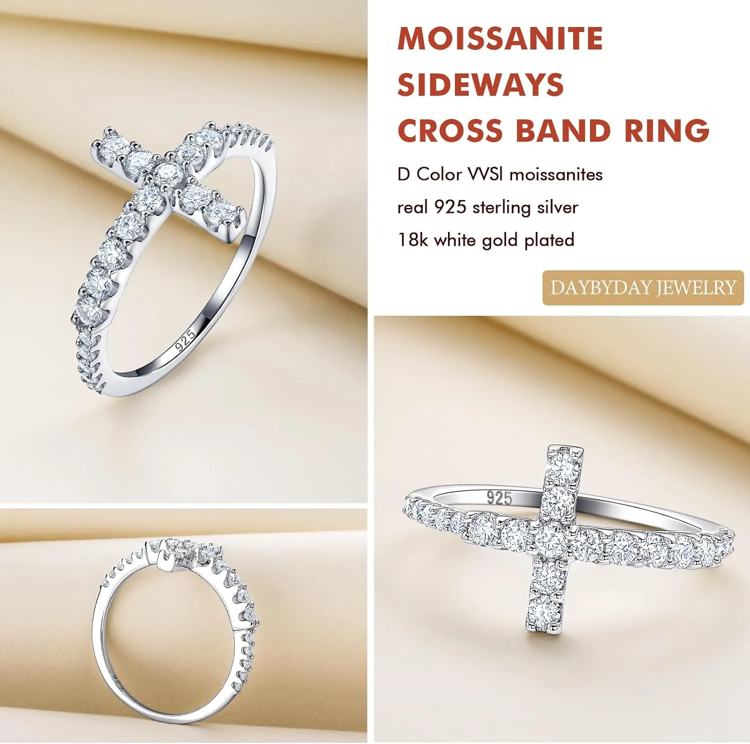 DAYBYDAY Cross Ring for Women 925 Sterling Silver Black Moissanite/Blue Sapphire Sideways Cross Rings Half Eternity Stackable Anniversary Wedding Bands Christian Religious Jewelry