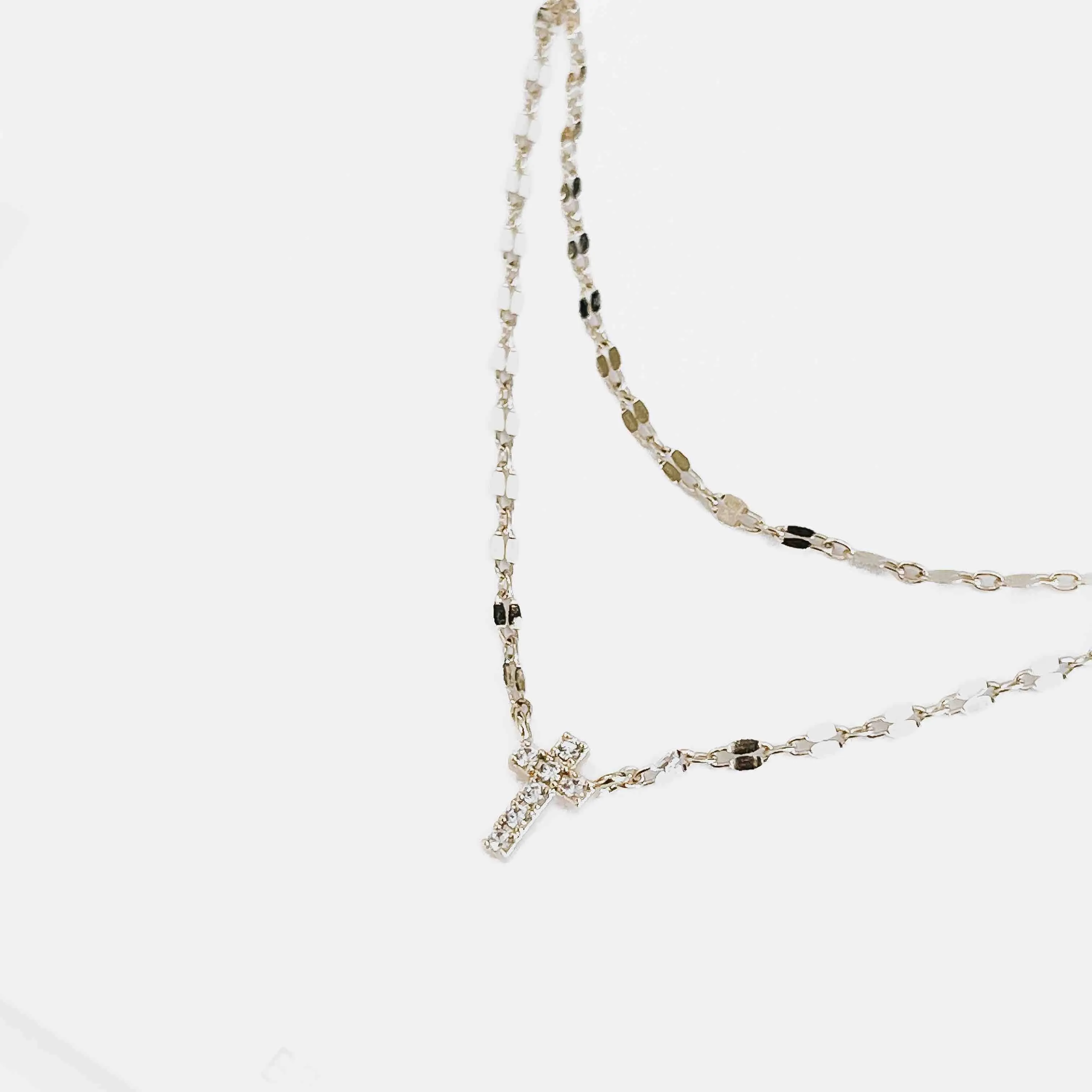 Diamond Layered Cross Necklace: Silver