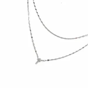 Diamond Layered Cross Necklace: Silver