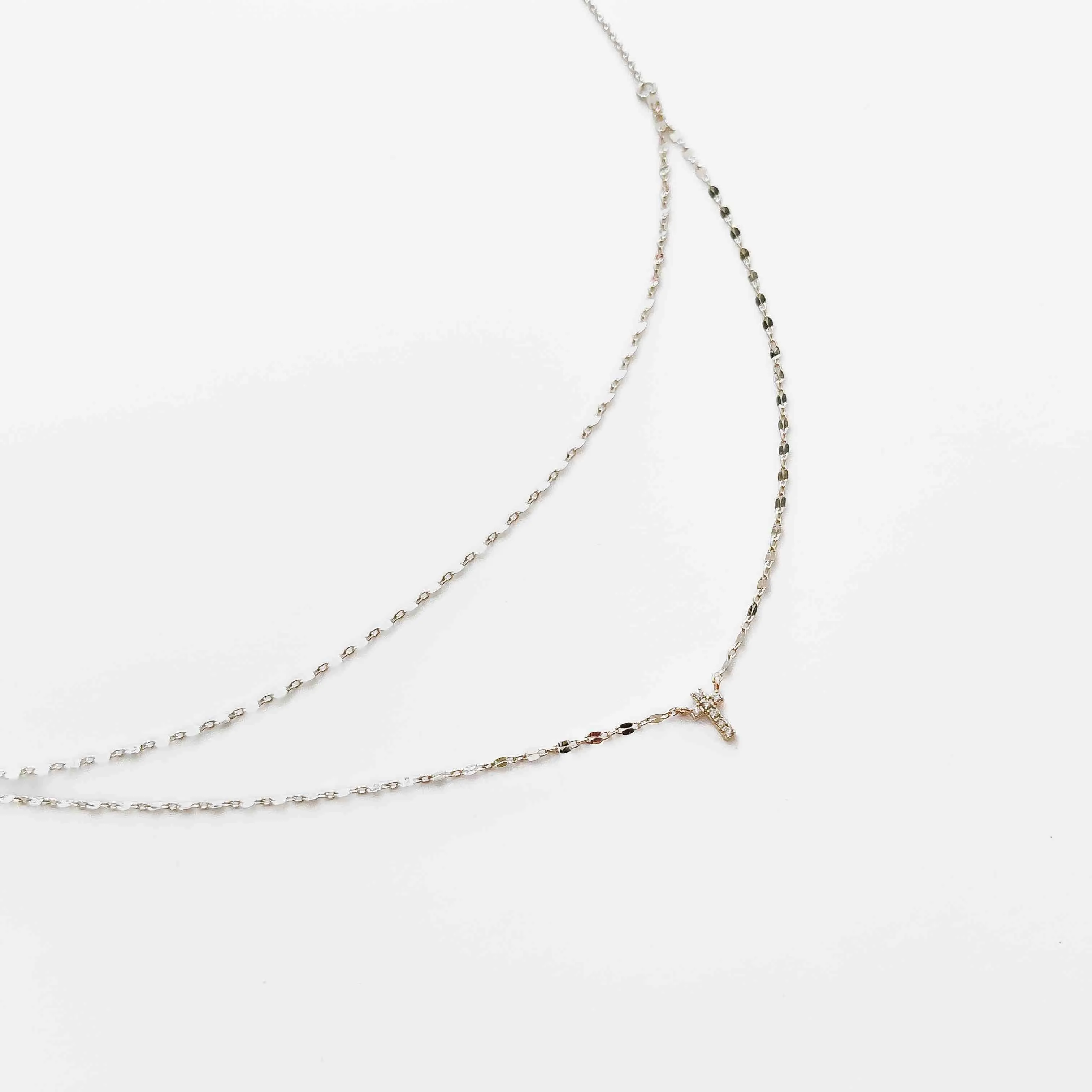 Diamond Layered Cross Necklace: Silver