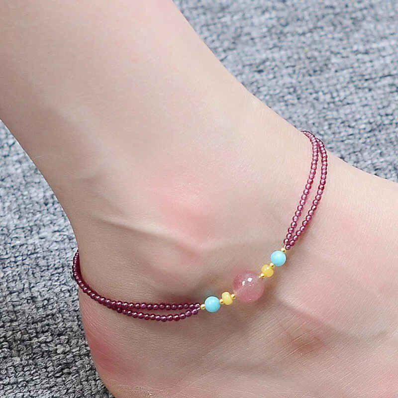 Double Stranded Garnet & Natural Crystal Beaded Anklet