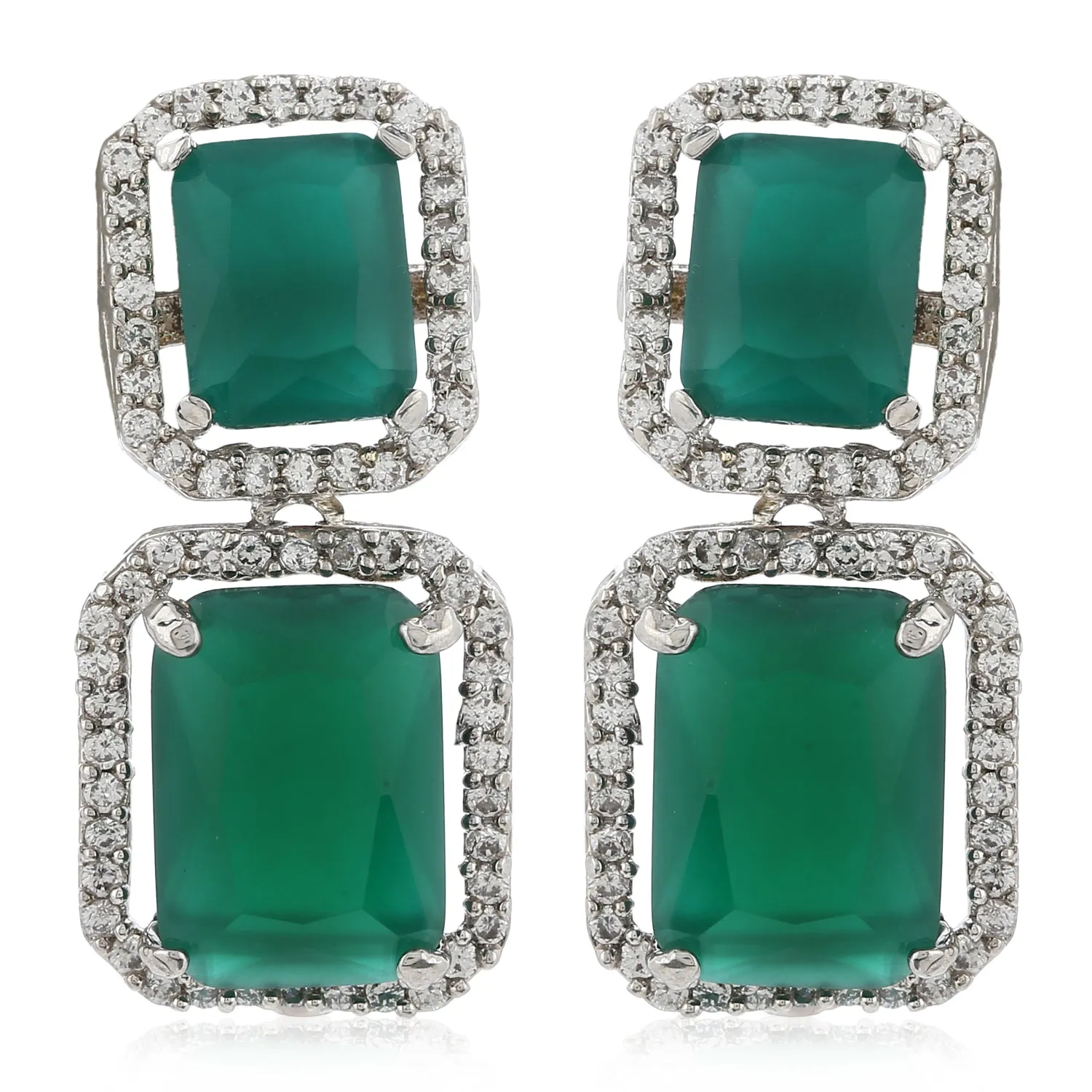 Estele Rhodium Plated Aster Green emerald stones Earrings