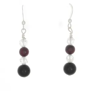 Garnet, Black Obsidian and  Clear Quartz Sterling French Hook earrings