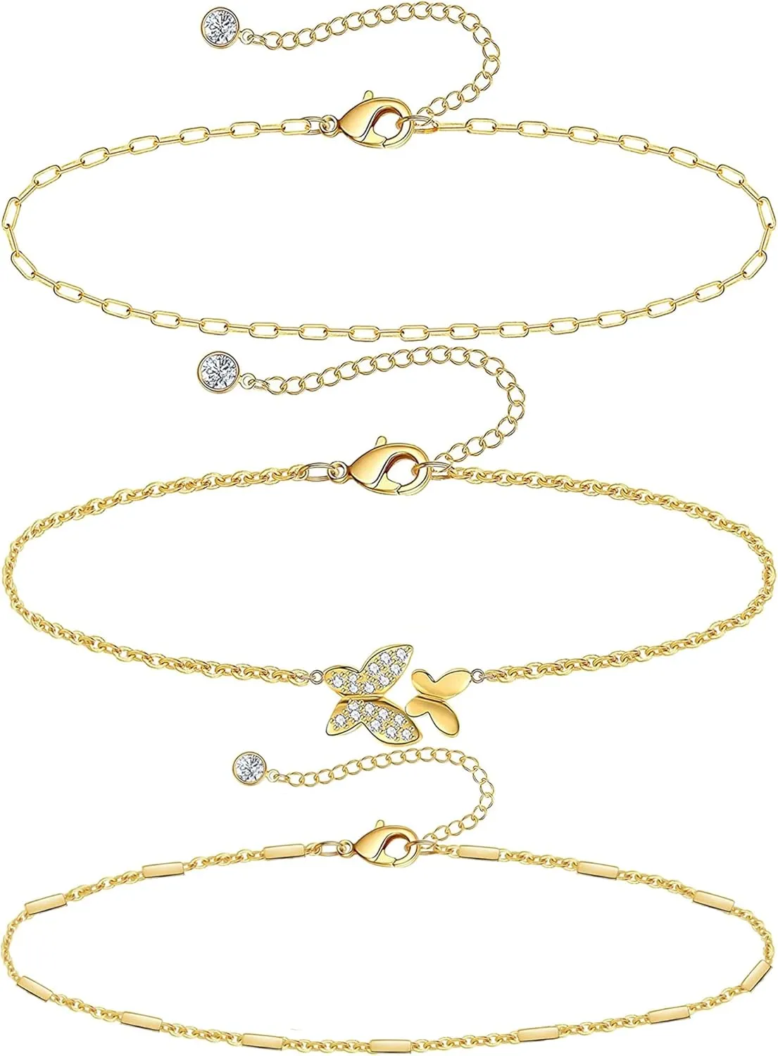 Gold Ankle Bracelet Sets for Women 14K Gold Cuban Link Figaro Paperclip Snake Anklet Bracelets Waterproof Stackable Layered Anklets Bracelet Rhinestone Adjustable Beach Anklet Set Gifts for Her