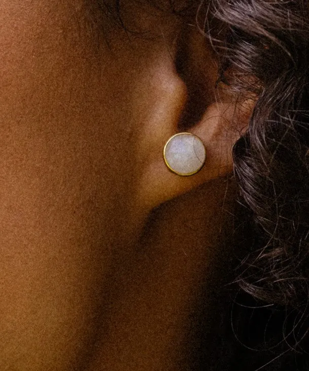 Gold Vermeil Round Studs in Rainbow Moonstone