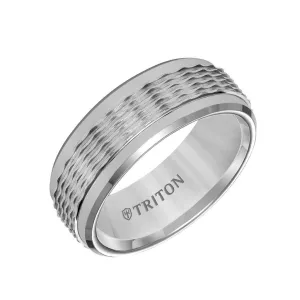 KARTER Grey Tungsten Wedding Ring with Wavy Textured Center & Polished Beveled Edges by Triton Rings - 8mm