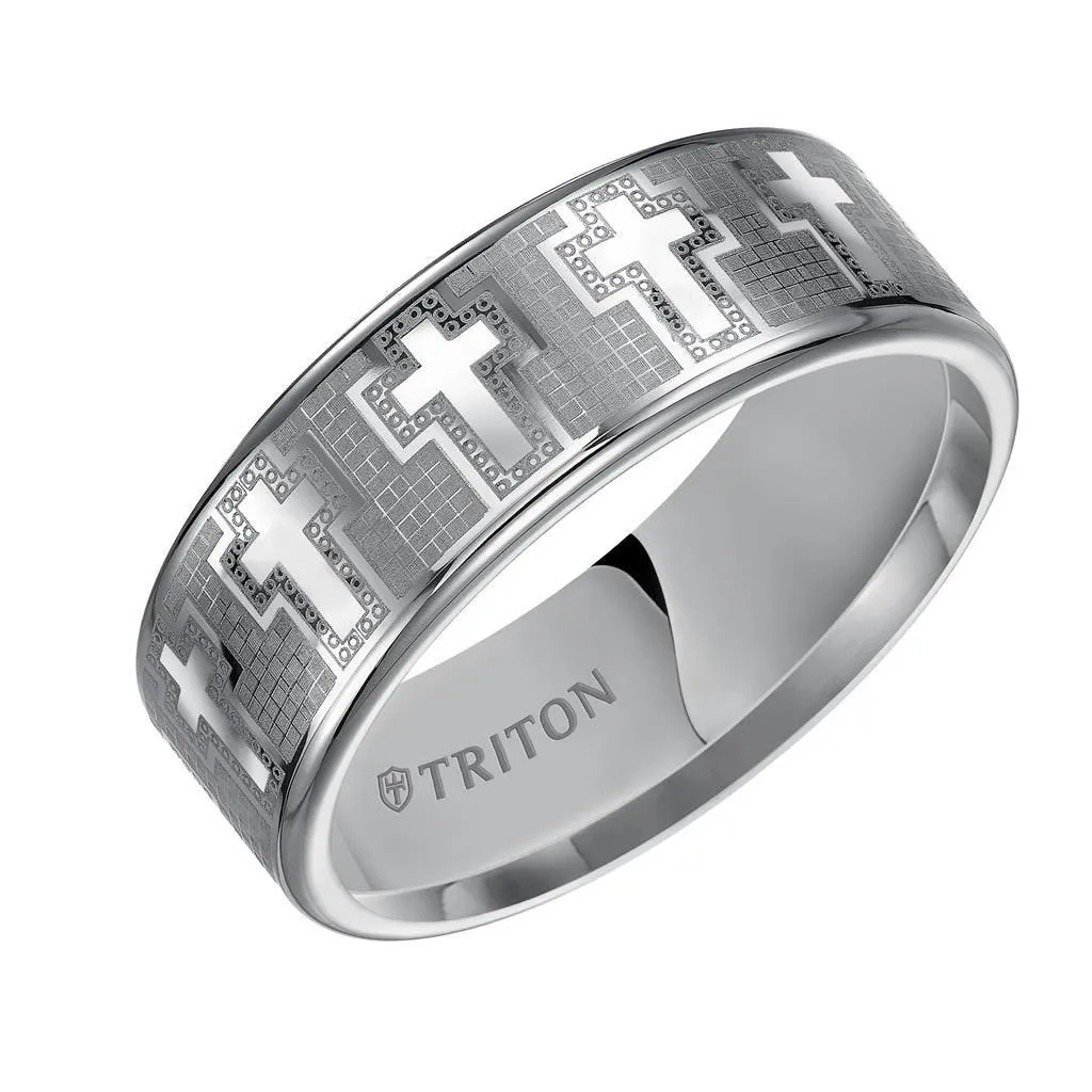 KROY Triton Rings ROMAN Tungsten Wedding Band With Engraved Crosses On Mosaic Background Design 8mm