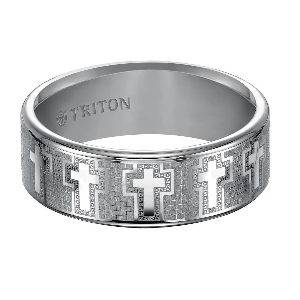KROY Triton Rings ROMAN Tungsten Wedding Band With Engraved Crosses On Mosaic Background Design 8mm