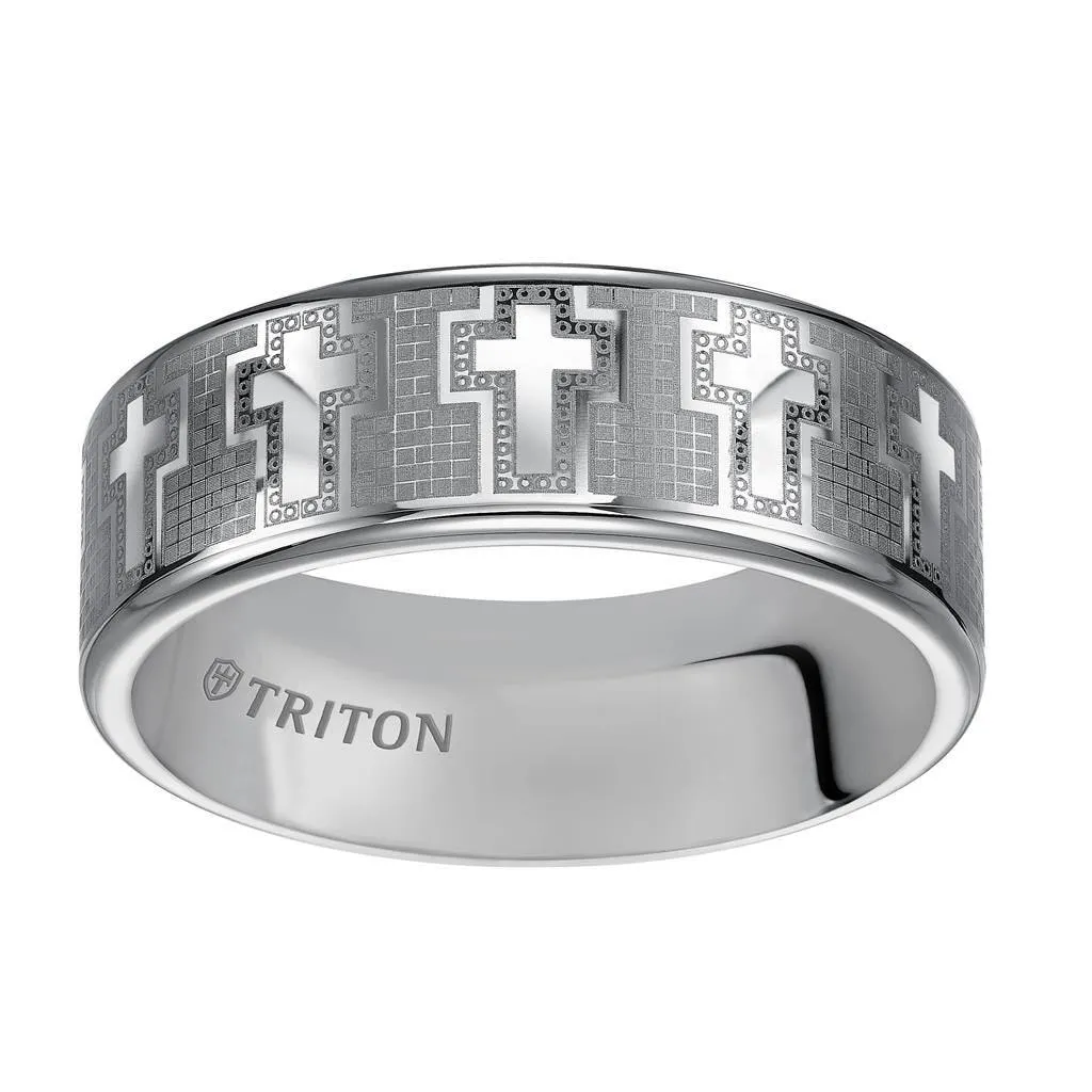 KROY Triton Rings ROMAN Tungsten Wedding Band With Engraved Crosses On Mosaic Background Design 8mm