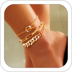 Layered Link Chain 3 Pcs Ankle Cuban Gold Anklet Bracelets Boho Beach Link Chain Ankle for Women