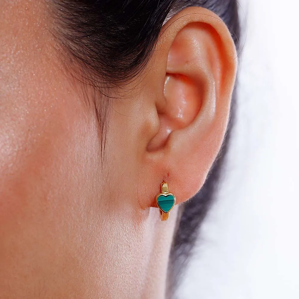 Love Heart Huggie Hoops with Malachite