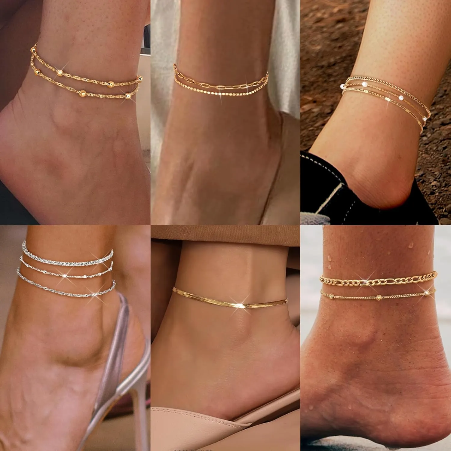 LOYALLOOK Gold Ankle Bracelets for Women, 14K Gold Plated Layered Anklets for Women Waterproof, Adjustable Beaded Herringbone Paperclip Cuban Link Anklet Set, Summer Beach Foot Jewelry for Women