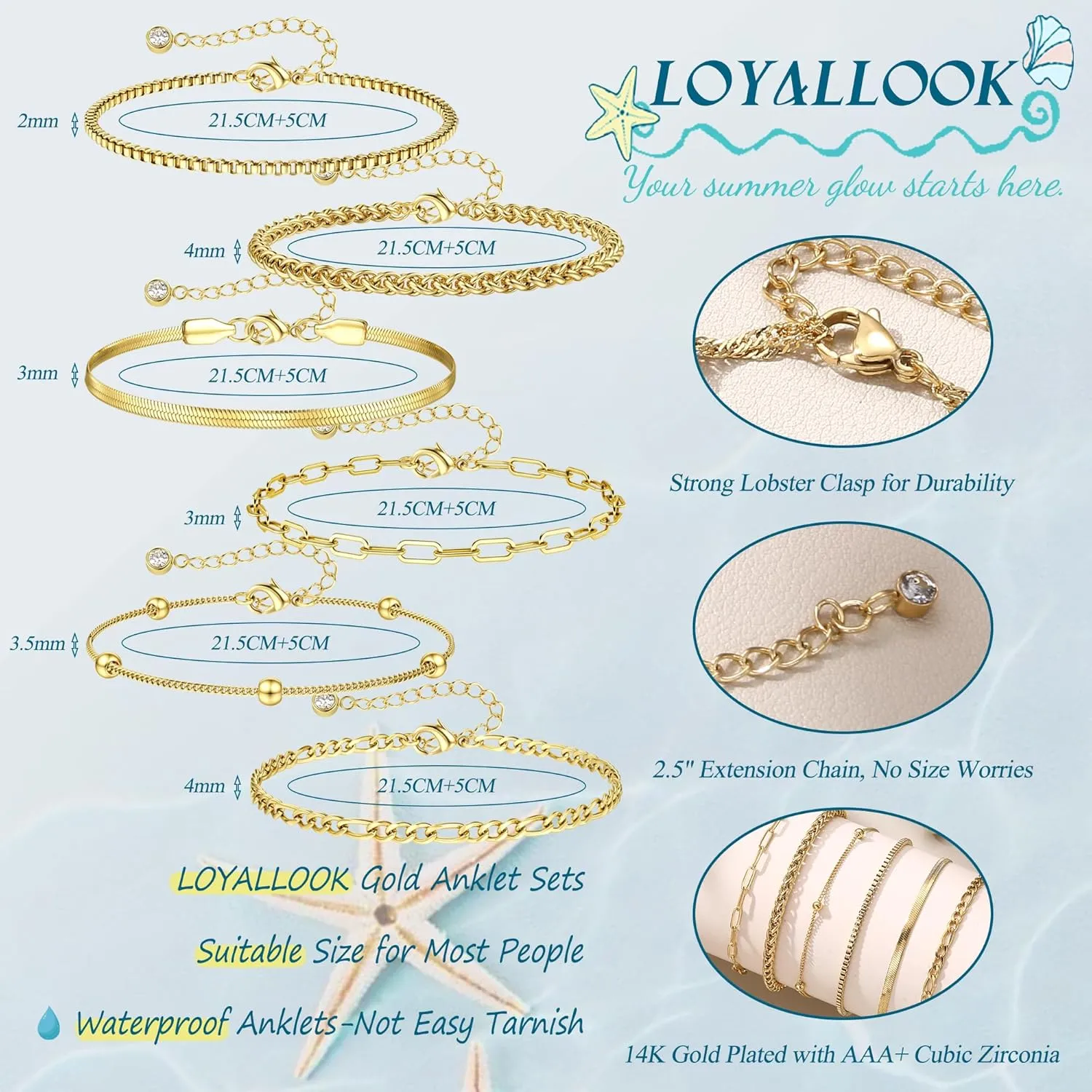 LOYALLOOK Gold Ankle Bracelets for Women, 14K Gold Plated Layered Anklets for Women Waterproof, Adjustable Beaded Herringbone Paperclip Cuban Link Anklet Set, Summer Beach Foot Jewelry for Women