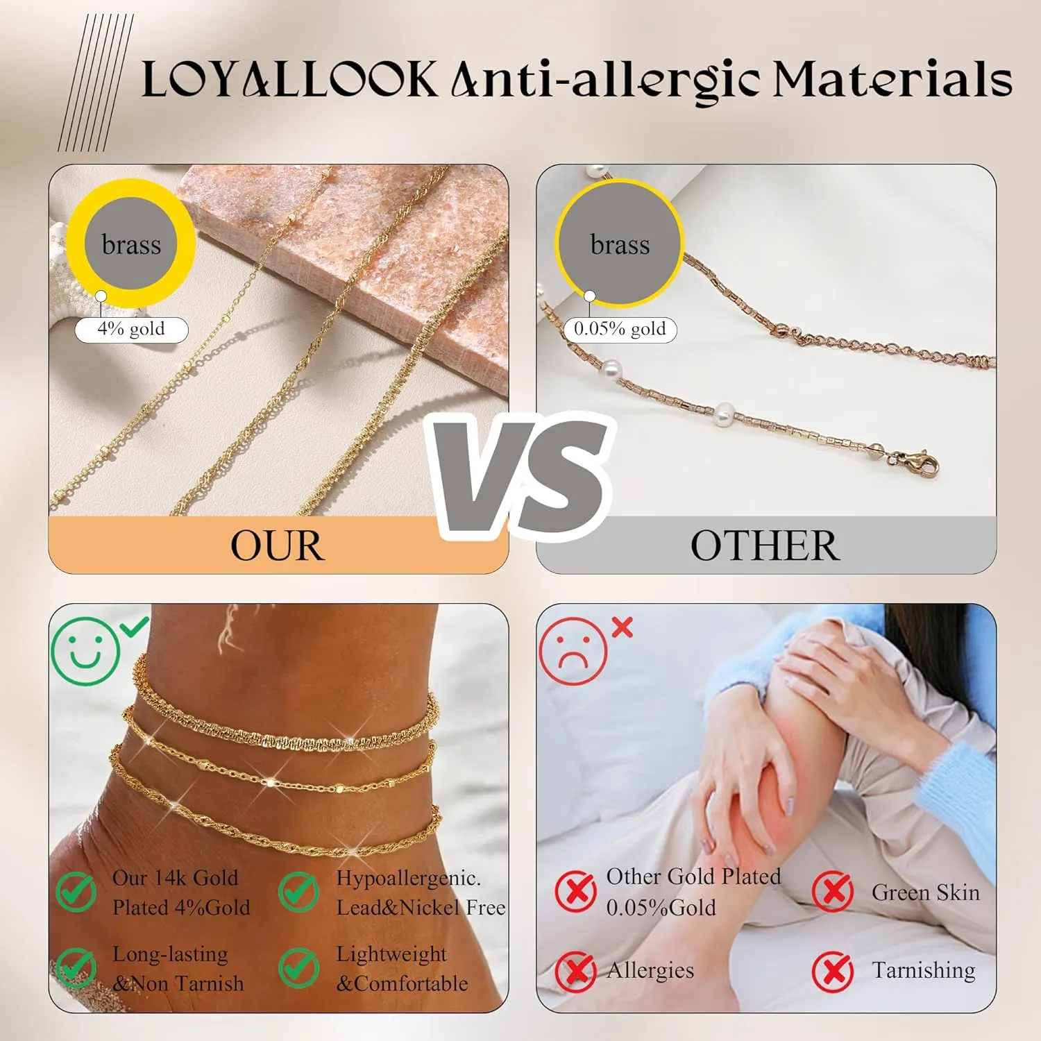 LOYALLOOK Gold Ankle Bracelets for Women, 14K Gold Plated Layered Anklets for Women Waterproof, Adjustable Beaded Herringbone Paperclip Cuban Link Anklet Set, Summer Beach Foot Jewelry for Women