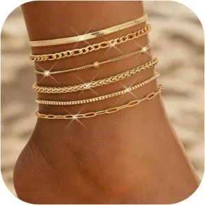 LOYALLOOK Gold Ankle Bracelets for Women, 14K Gold Plated Layered Anklets for Women Waterproof, Adjustable Beaded Herringbone Paperclip Cuban Link Anklet Set, Summer Beach Foot Jewelry for Women