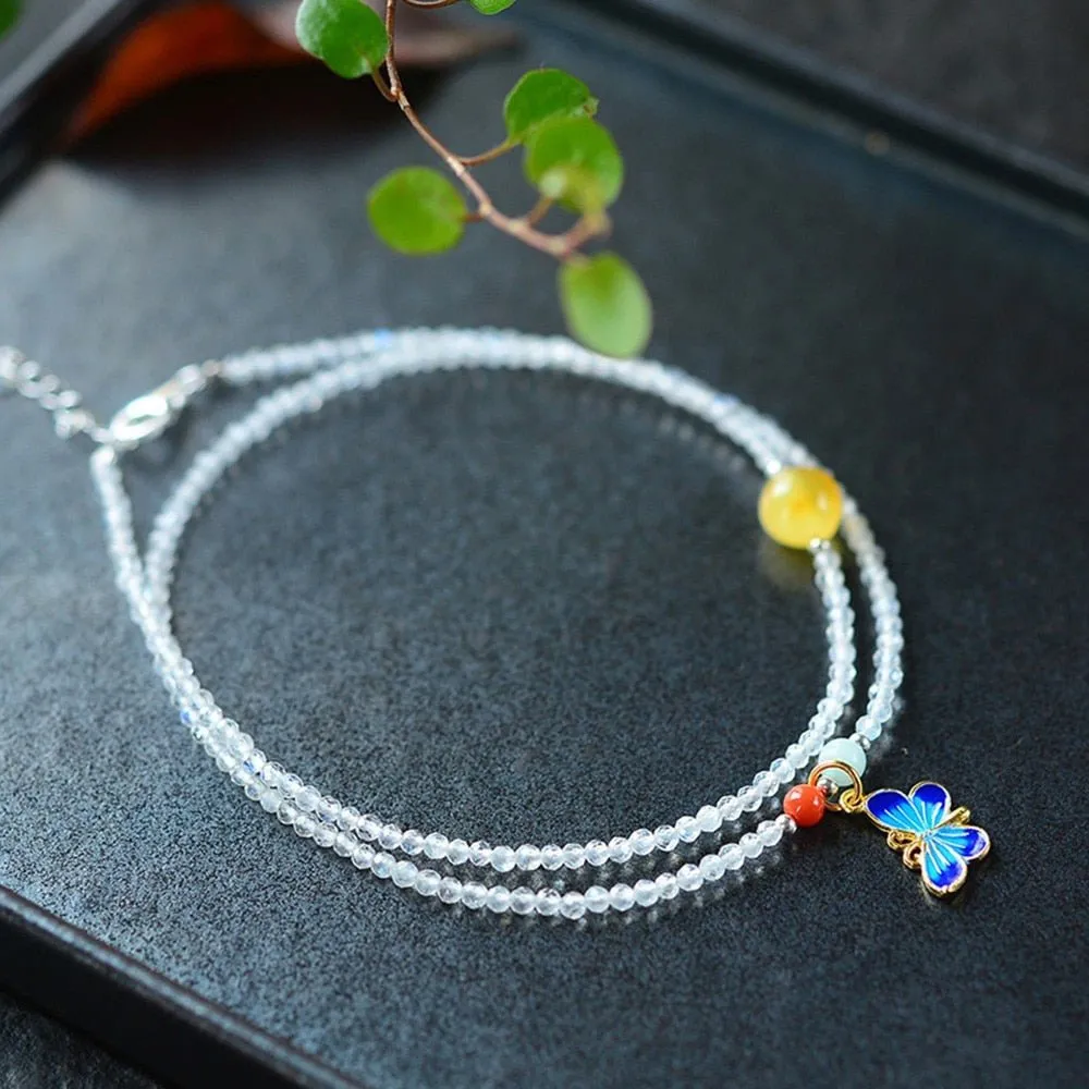Natural Moonstone & Jade Butterfly Adjustable Anklet