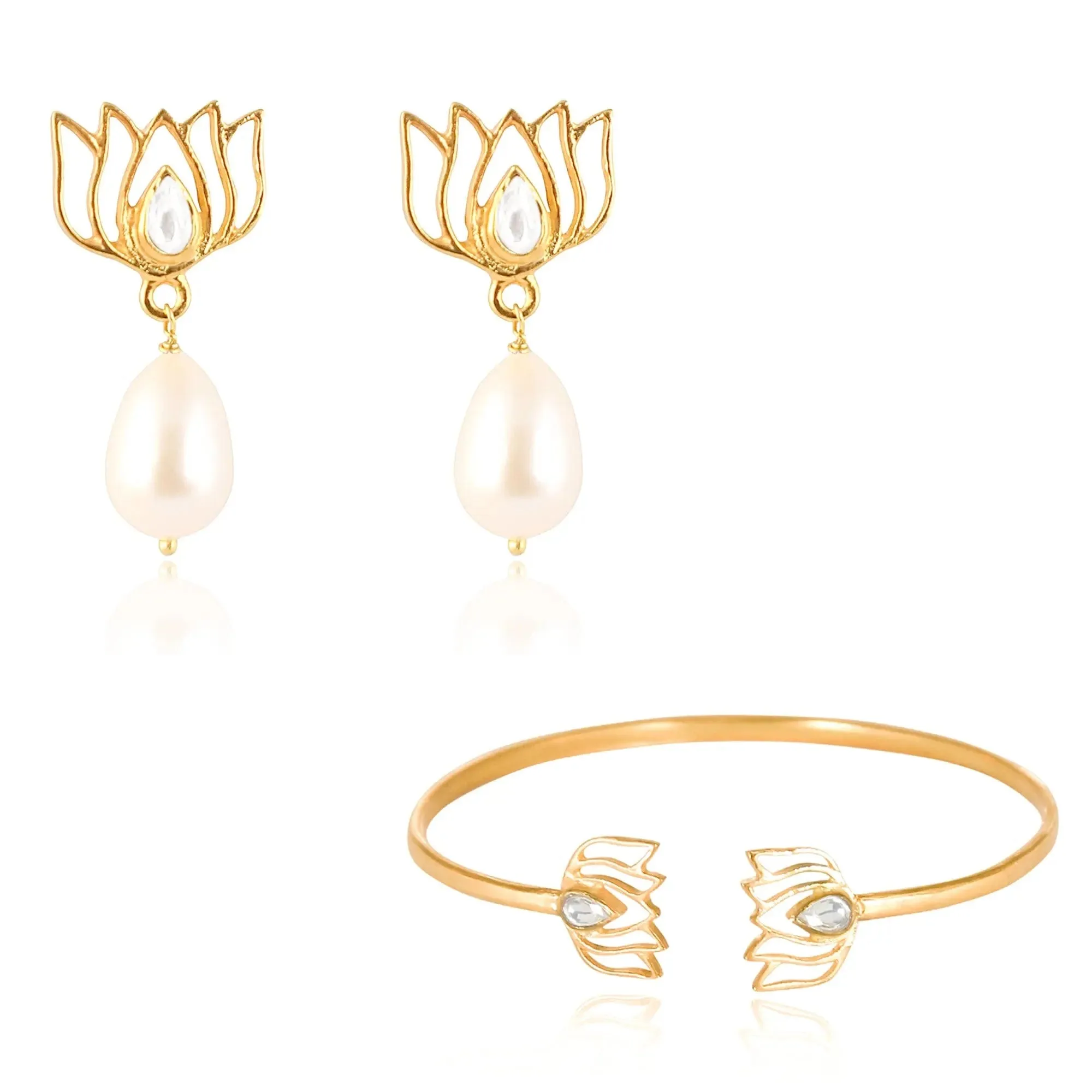 Pearl Drop Gold Plated Lotus Earrings