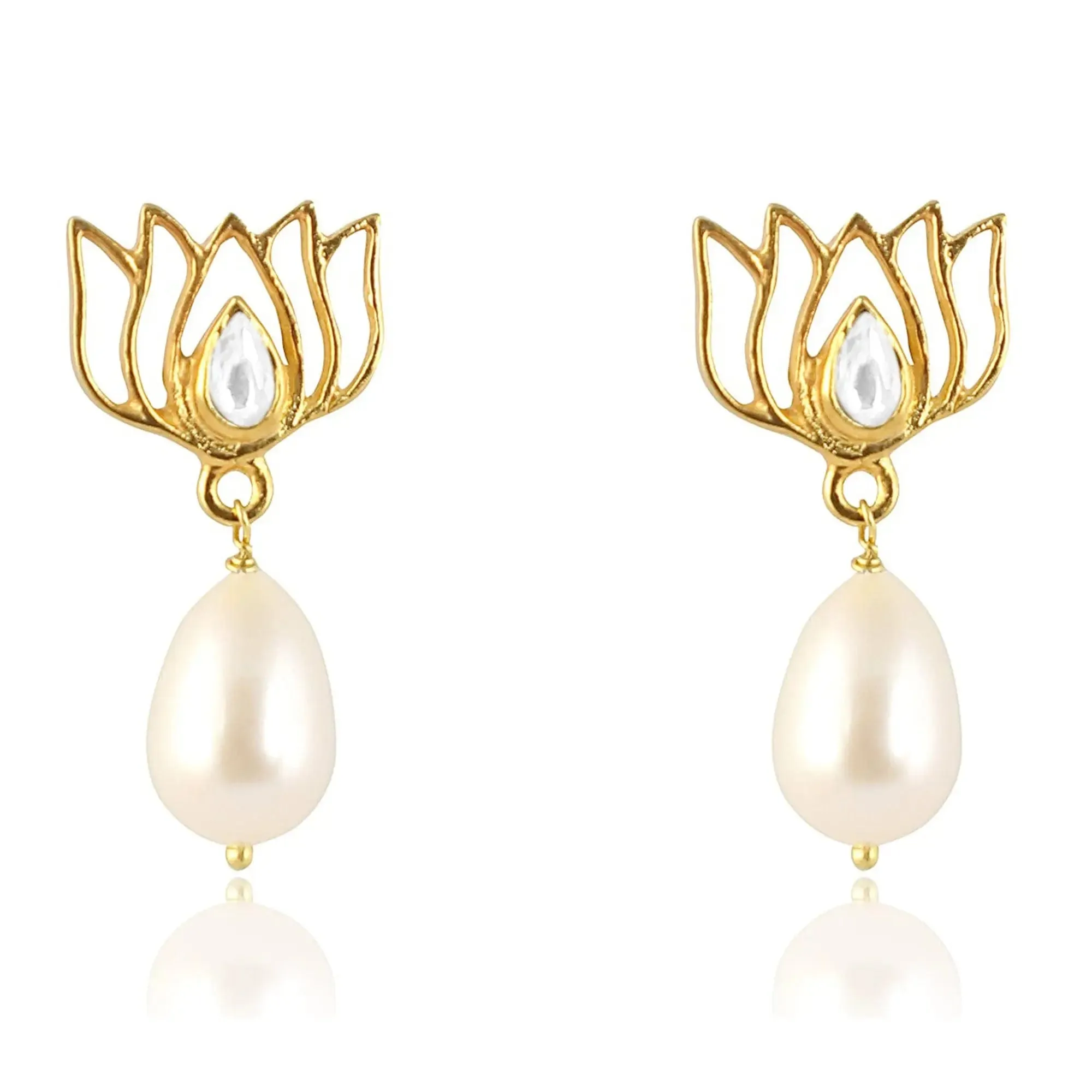 Pearl Drop Gold Plated Lotus Earrings