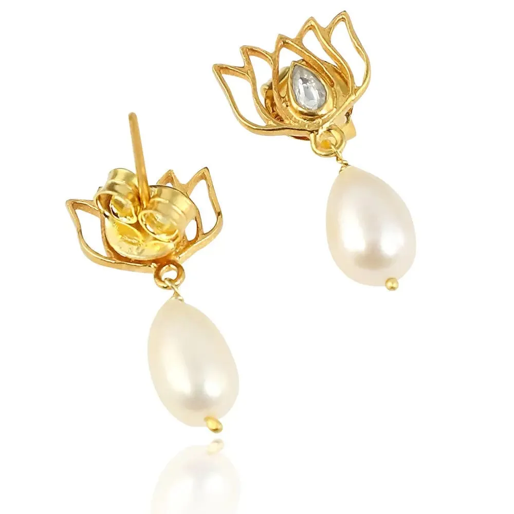 Pearl Drop Gold Plated Lotus Earrings