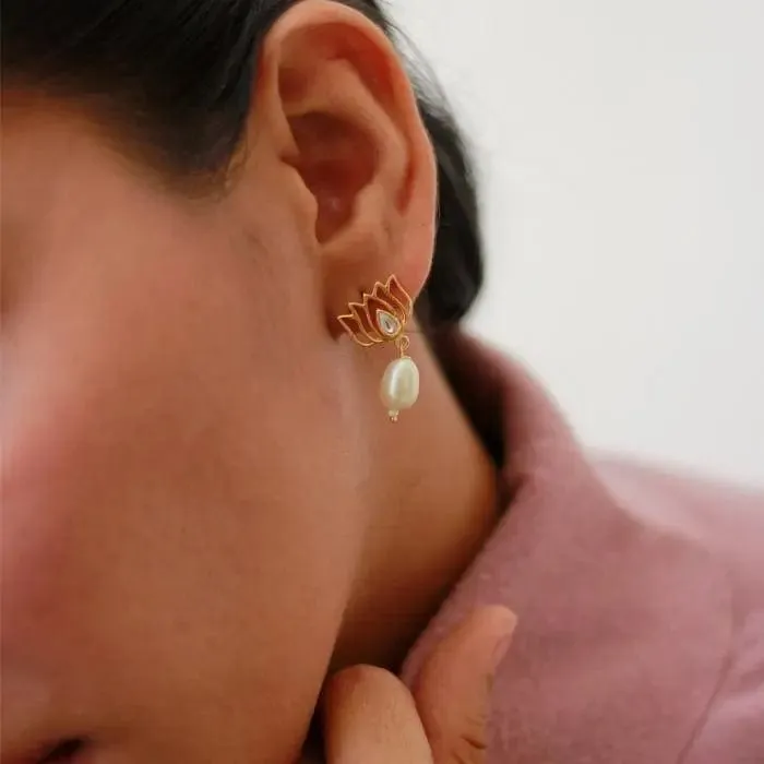 Pearl Drop Gold Plated Lotus Earrings