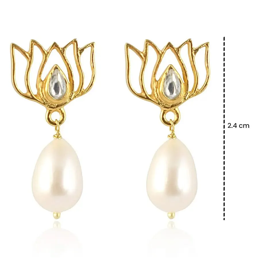 Pearl Drop Gold Plated Lotus Earrings