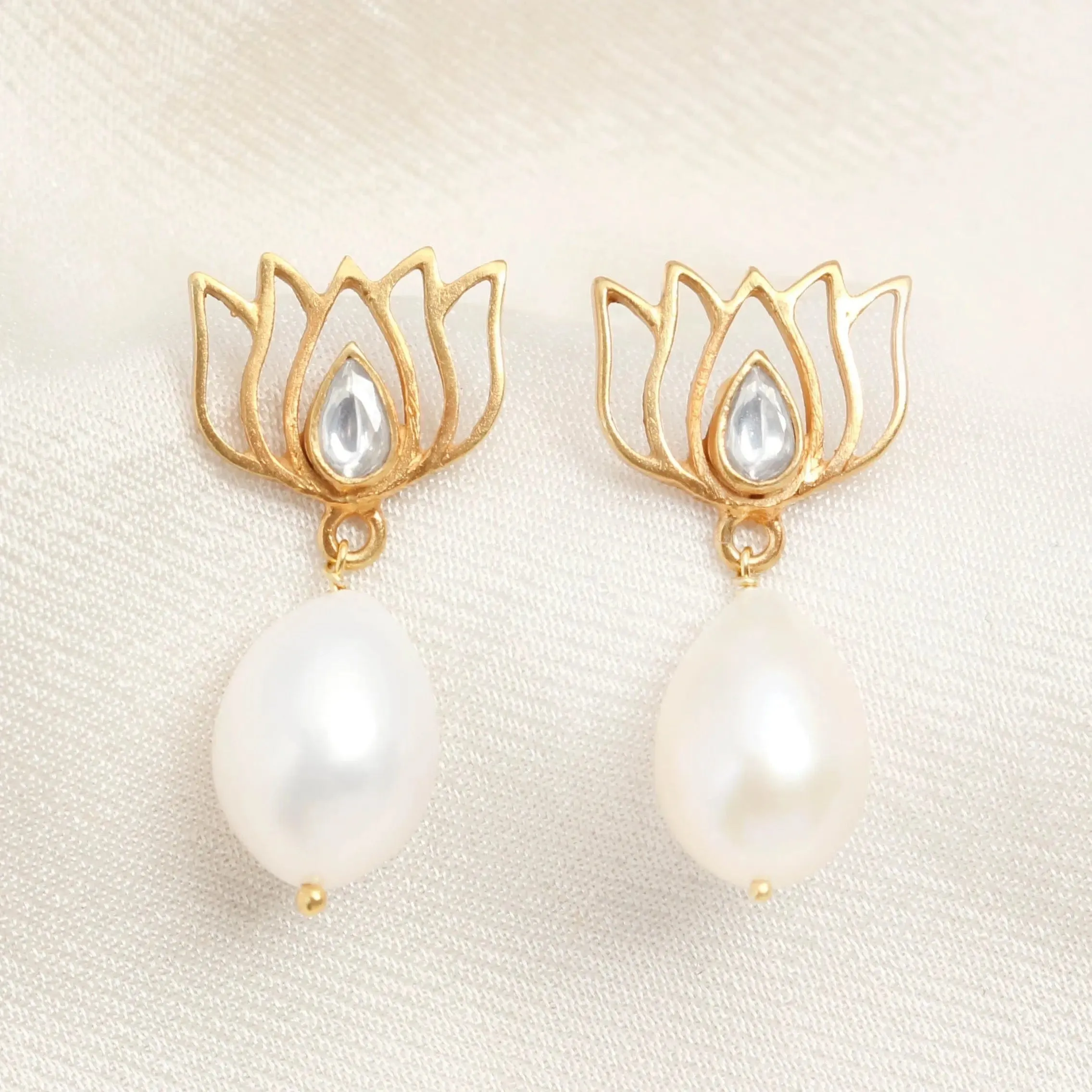 Pearl Drop Gold Plated Lotus Earrings