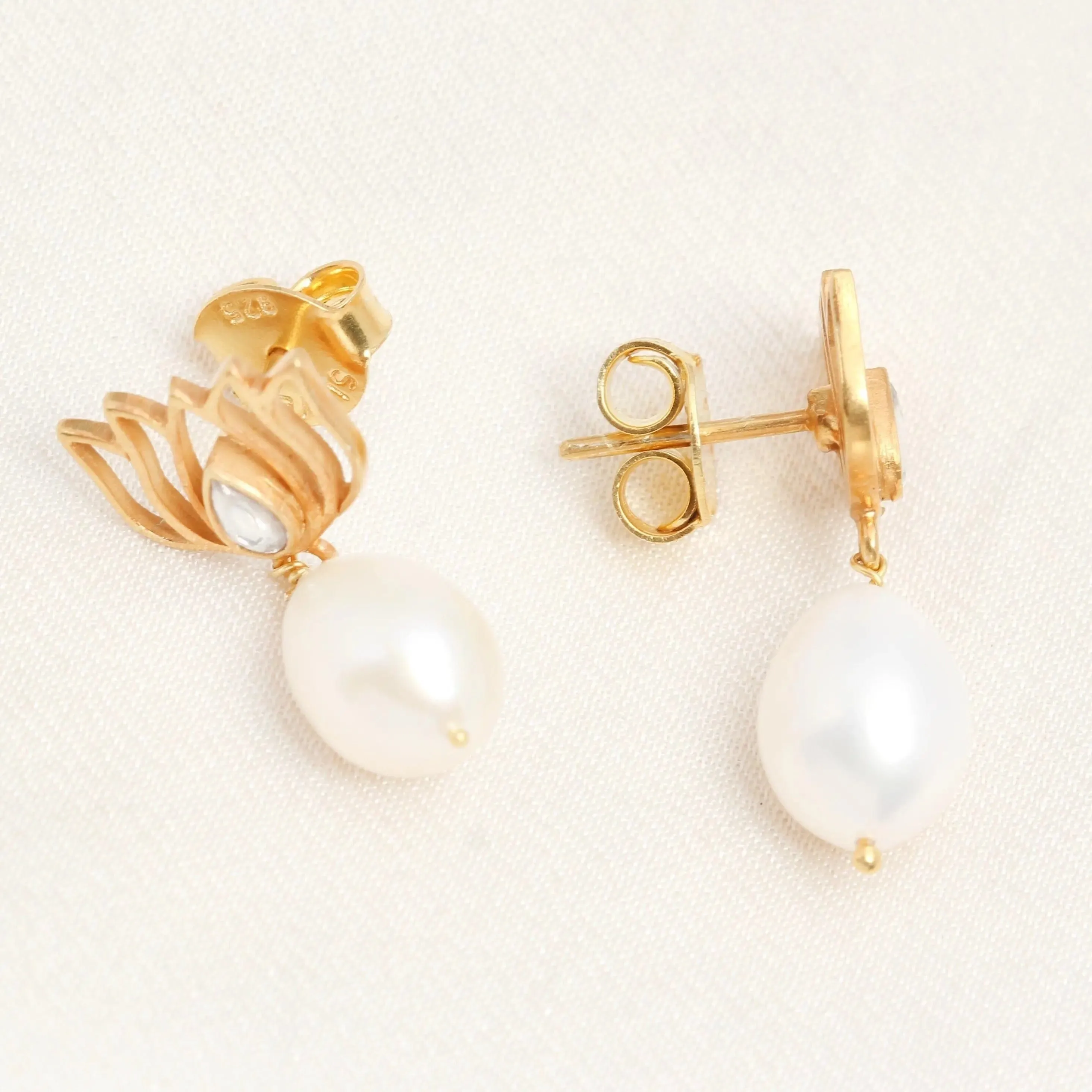 Pearl Drop Gold Plated Lotus Earrings
