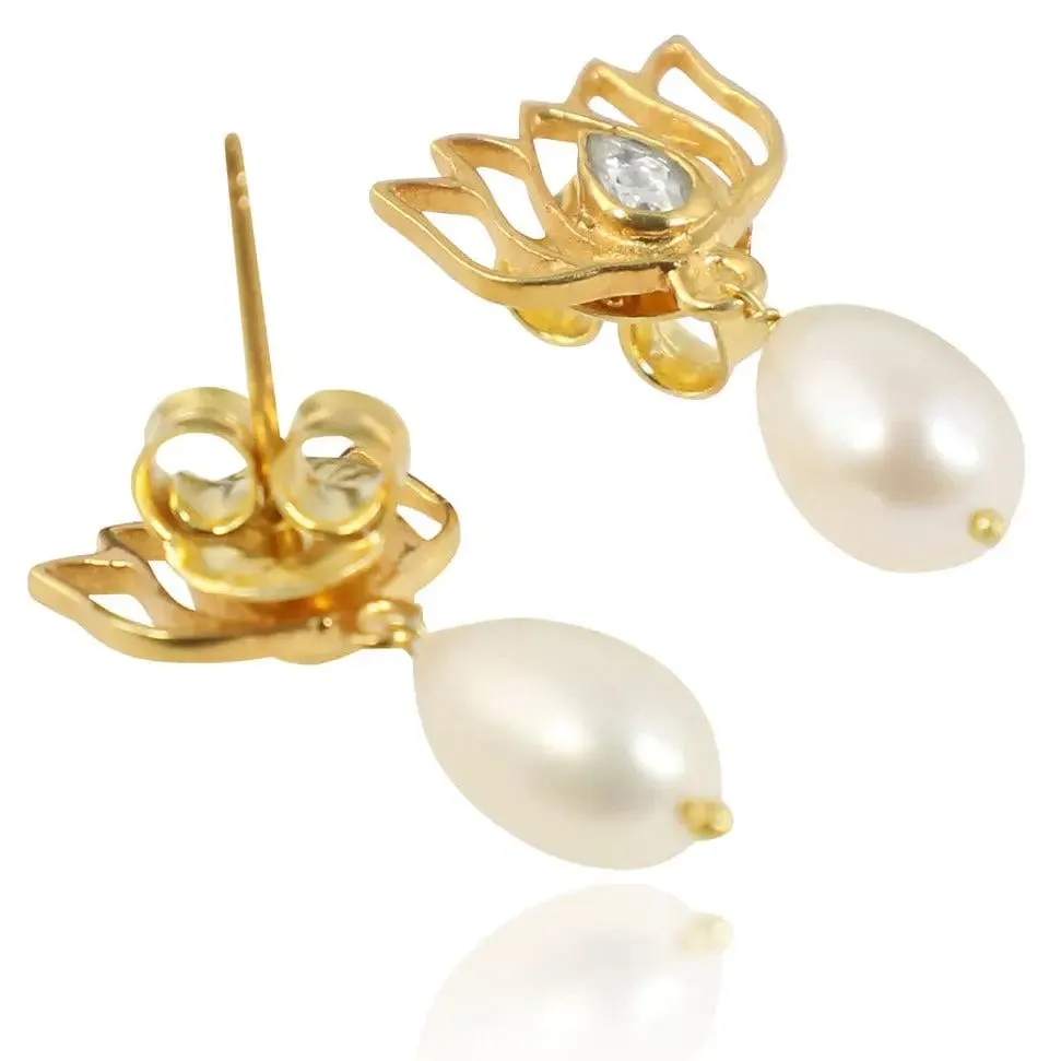 Pearl Drop Gold Plated Lotus Earrings