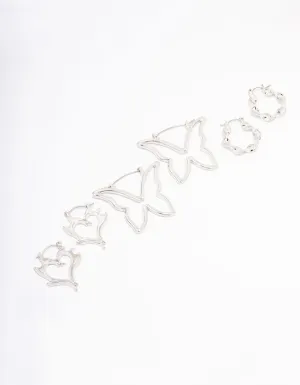 Rhodium Butterfly Twisted Hoop Earring 3-Pack