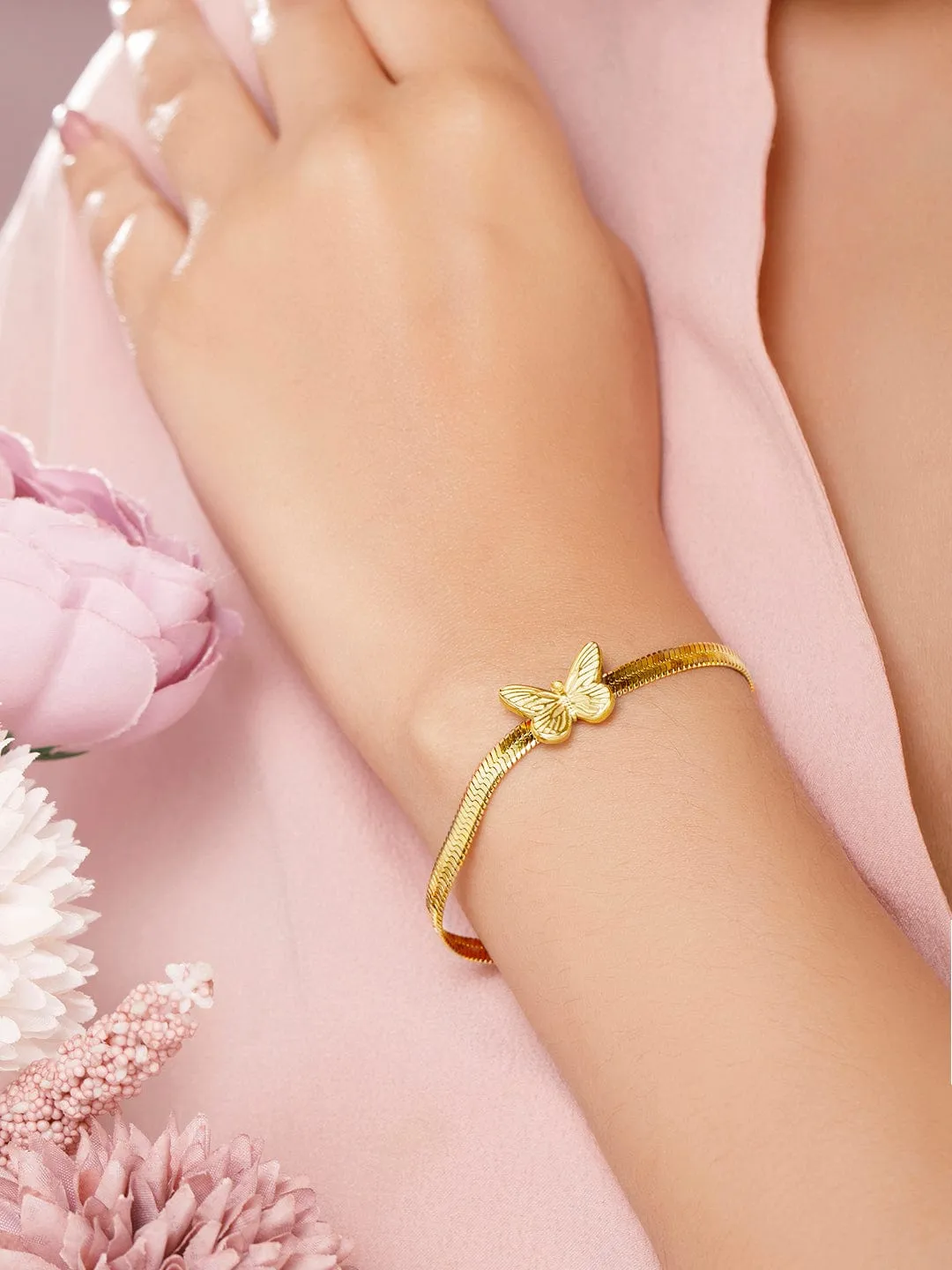 Rubans Voguish 18K Gold Plated Stainless Steel Waterproof Snake Chain Bracelet With Butterfly Charm.