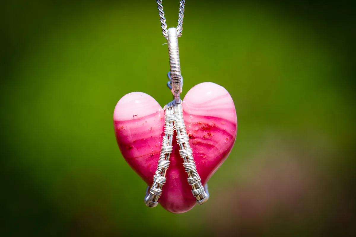 Silver Wire Wrapped Glass Heart with Cremation Ashes