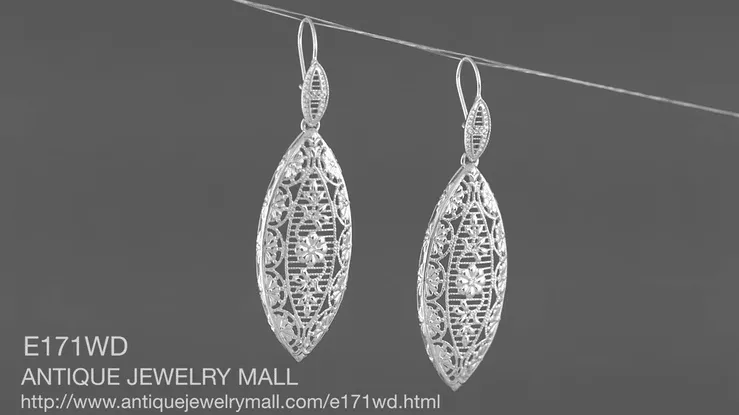 Sterling Silver Art Deco Dangling Leaf Filigree Diamond Earrings