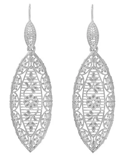 Sterling Silver Art Deco Dangling Leaf Filigree Diamond Earrings