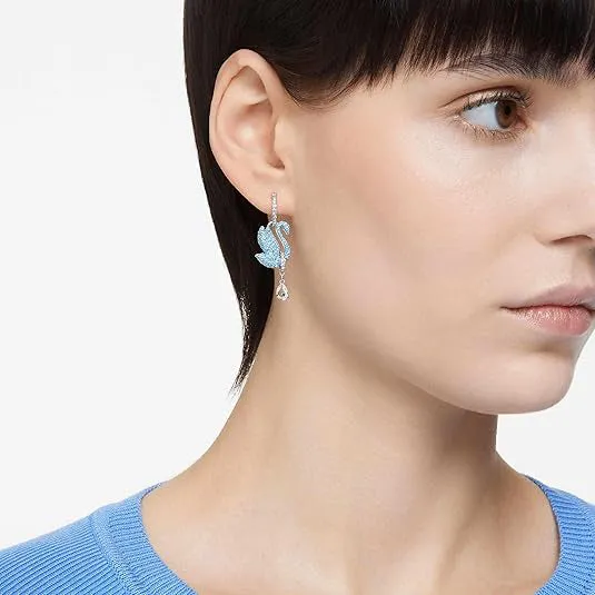 Swarovski Women's Rhodium Finished Swan Motif with Blue Pavé and Clear Stones Swan Drop Earrings - 5660593